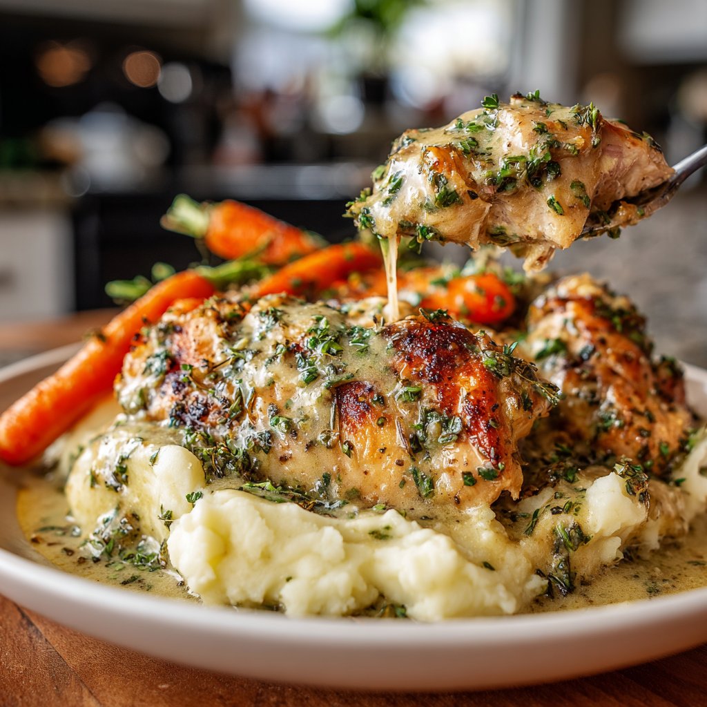 Creamy Herb Chicken with Mashed Potatoes and Honey Glazed Carrots
