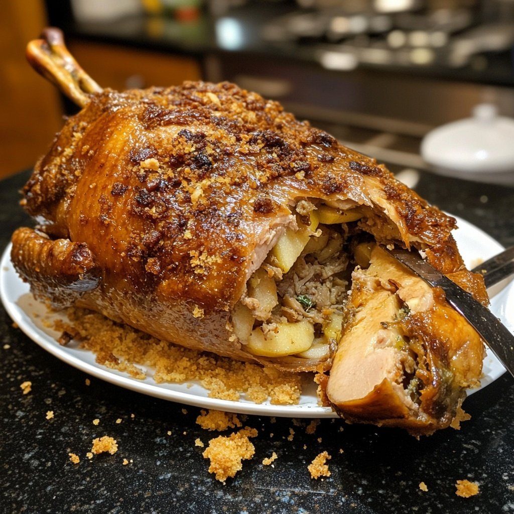Roasted Christmas Goose with Apple and Herb Stuffing