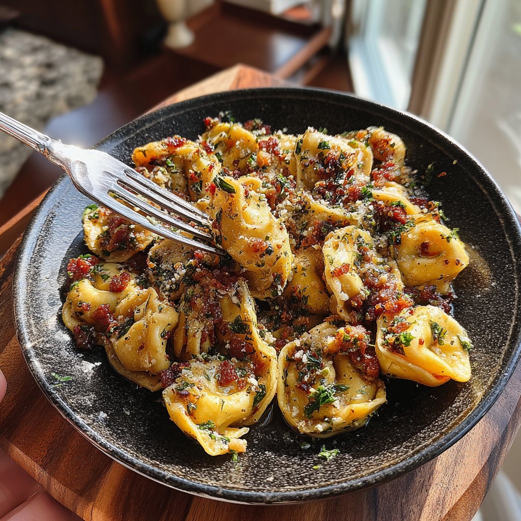 Garlic Steak Tortellini with Crispy Pancetta