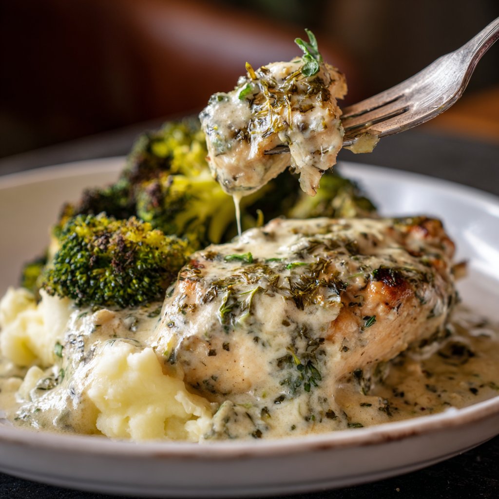 Creamy Herb Chicken with Mashed Potatoes and Roasted Broccoli