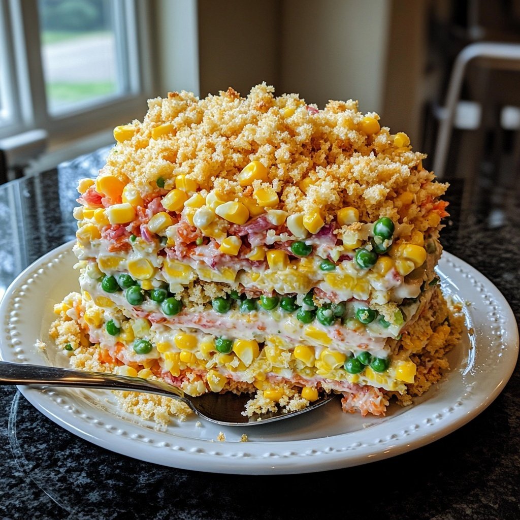 Festive Layered Salad with Corn and Peas