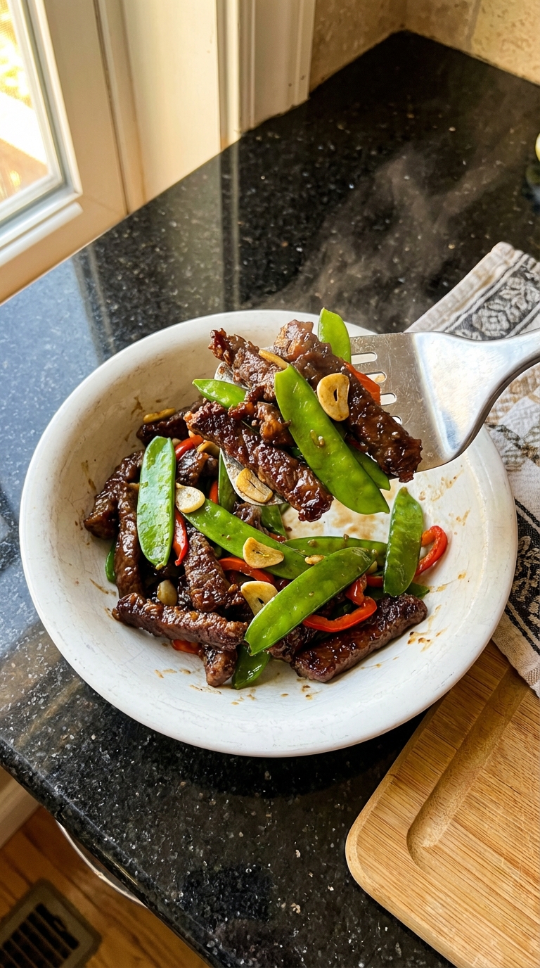 Crispy Beef Stir Fry with Snow Peas