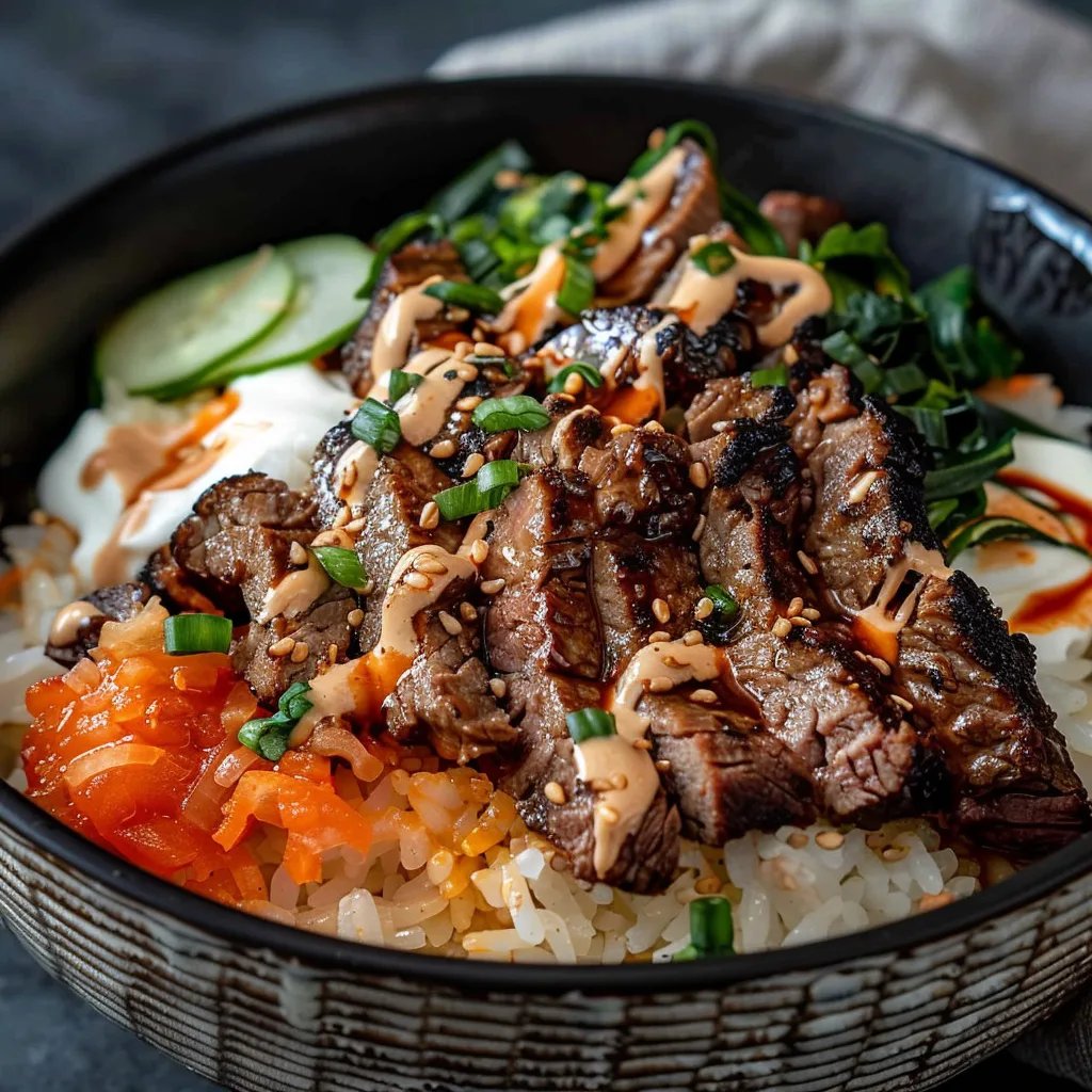 Korean BBQ Steak Rice Bowls with Spicy Cream Sauce